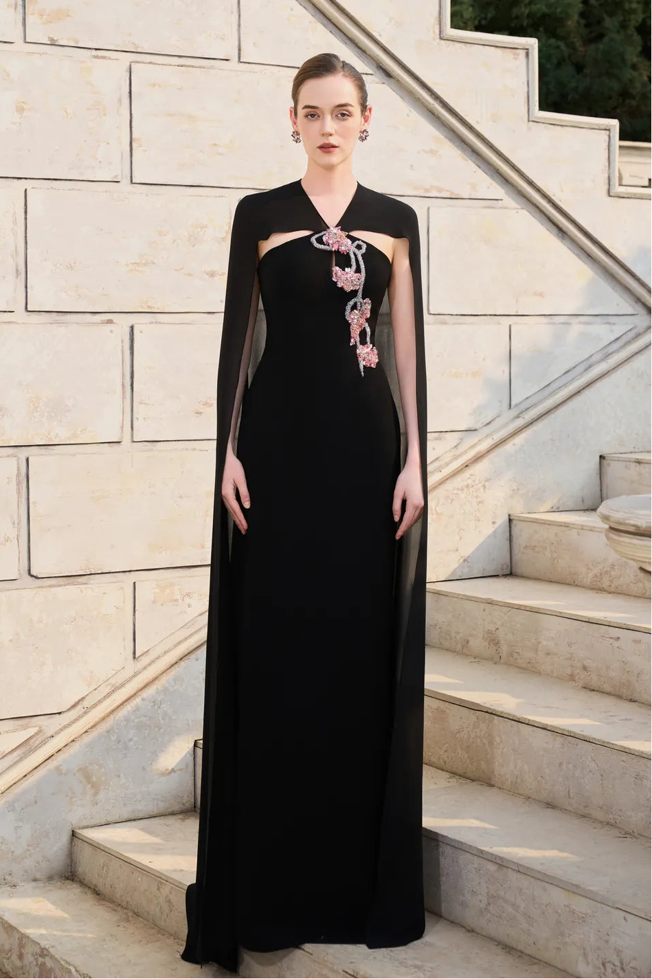 Long Back Cape With Open Chest Dress