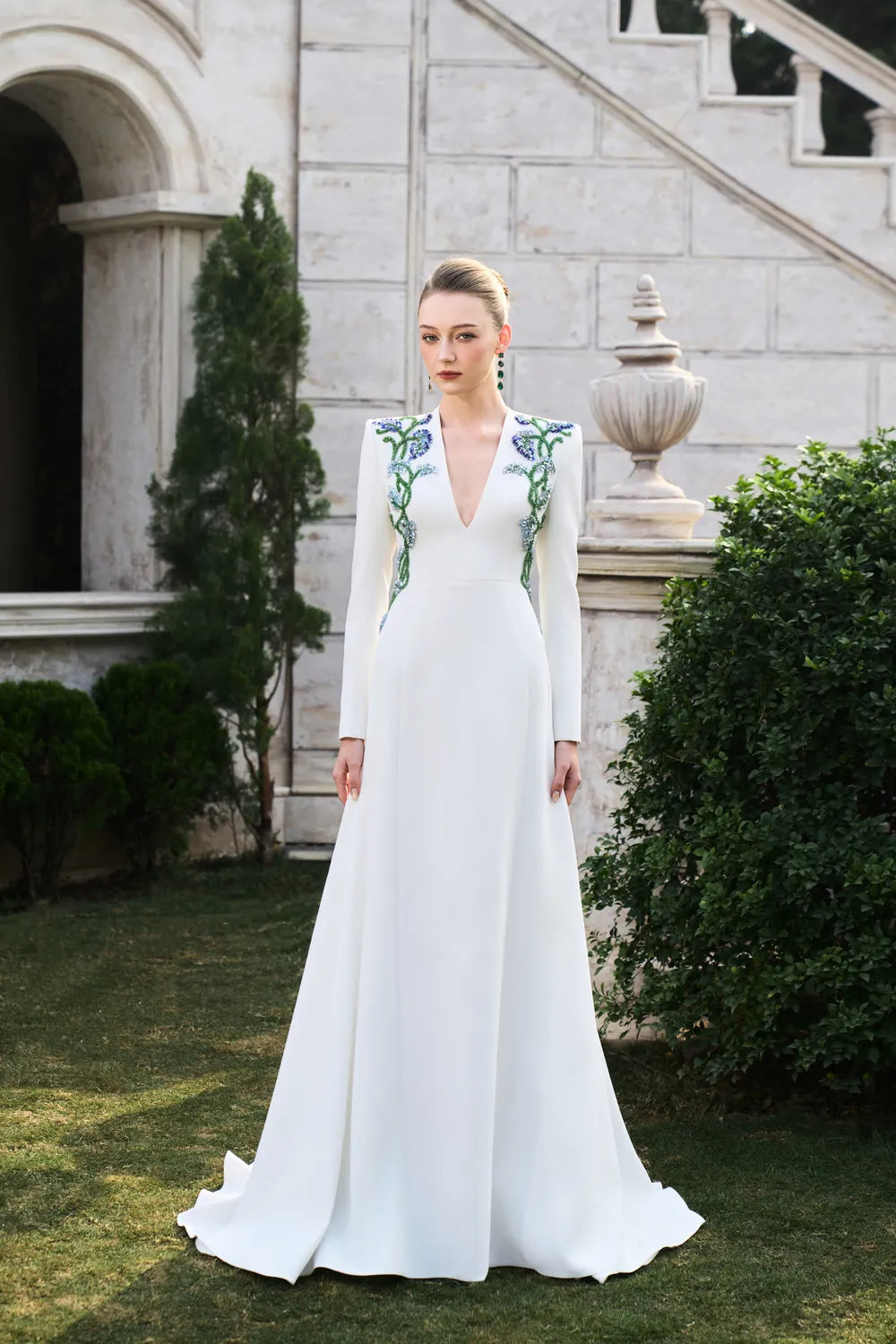 Double Crystal-Embellished Deep V-Neck Dress