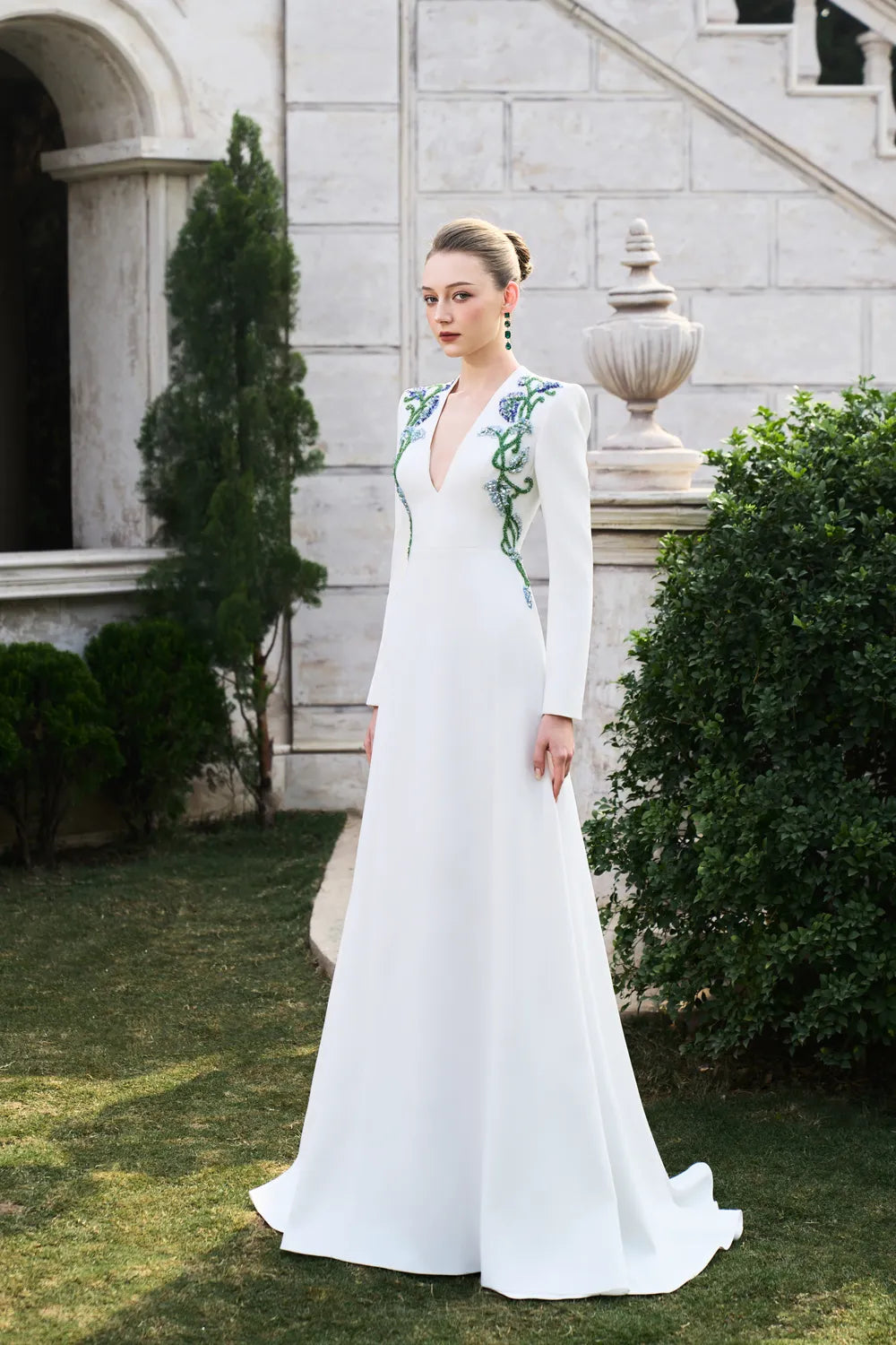 Double Crystal-Embellished Deep V-Neck Dress