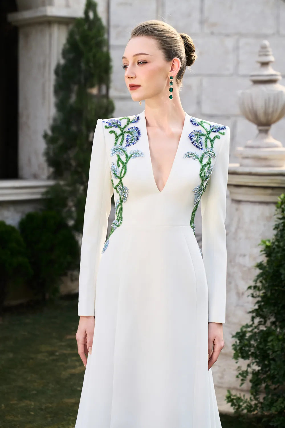 Double Crystal-Embellished Deep V-Neck Dress