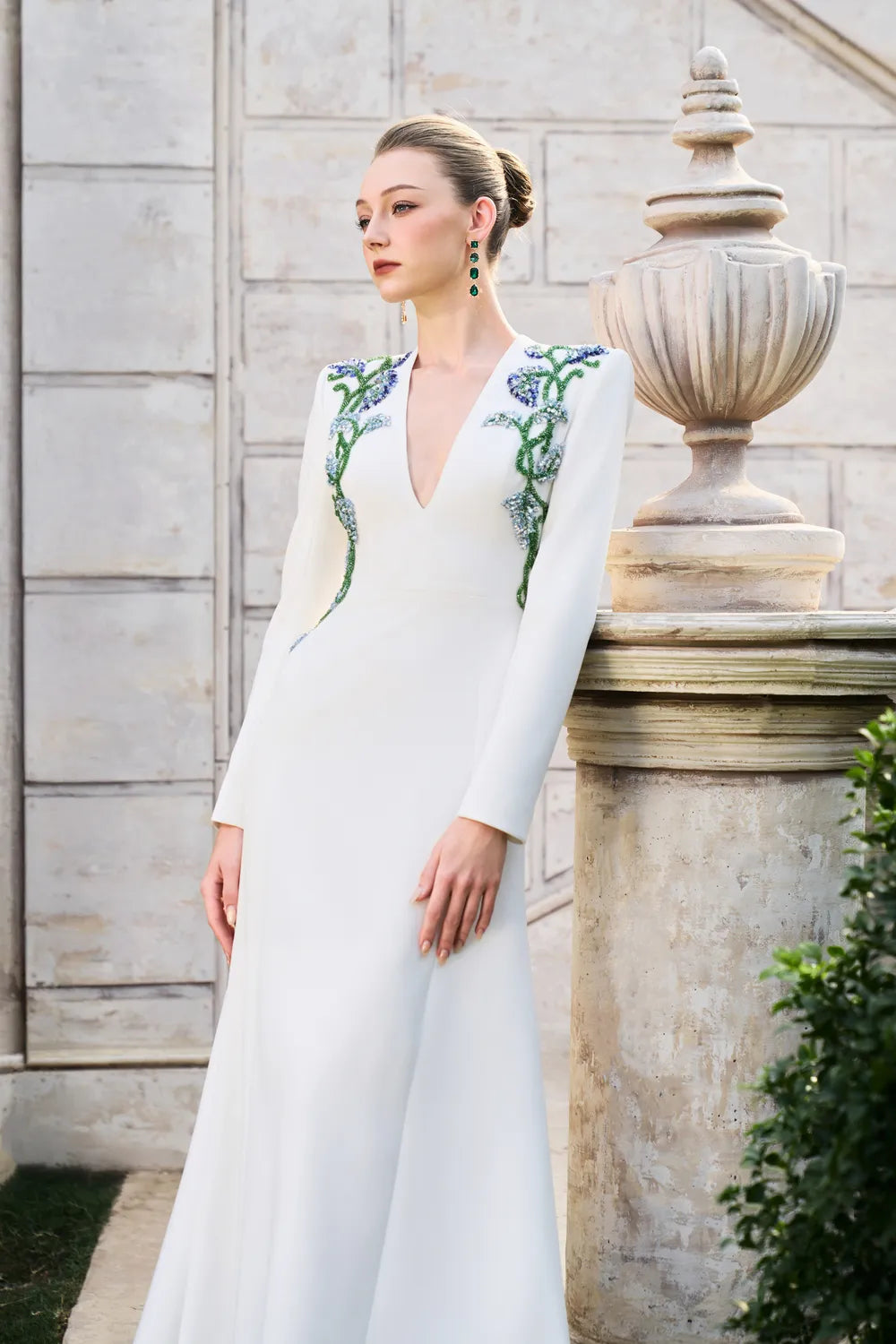 Double Crystal-Embellished Deep V-Neck Dress