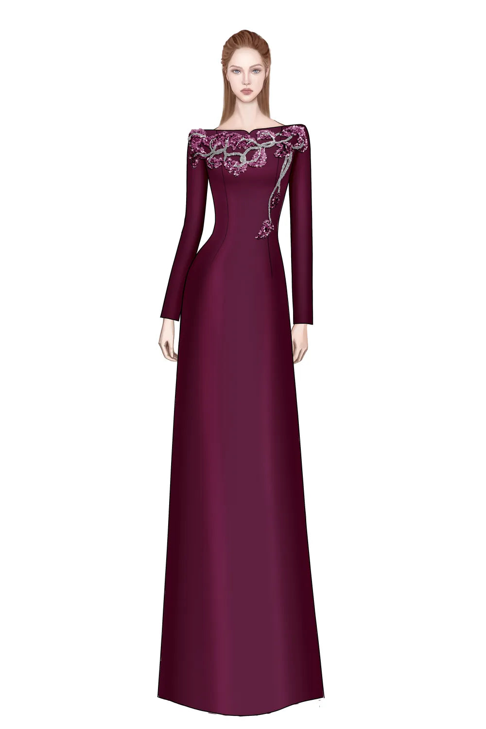 Padded Shoulder Floral Crystal-Embellished A-Line Dress