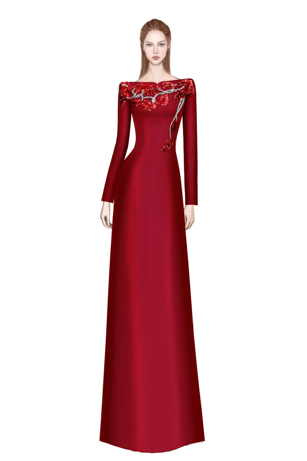 Padded Shoulder Floral Crystal-Embellished A-Line Dress