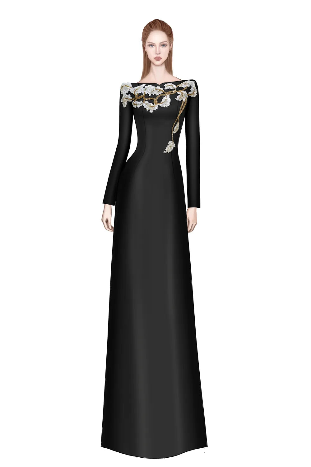 Padded Shoulder Floral Crystal-Embellished A-Line Dress