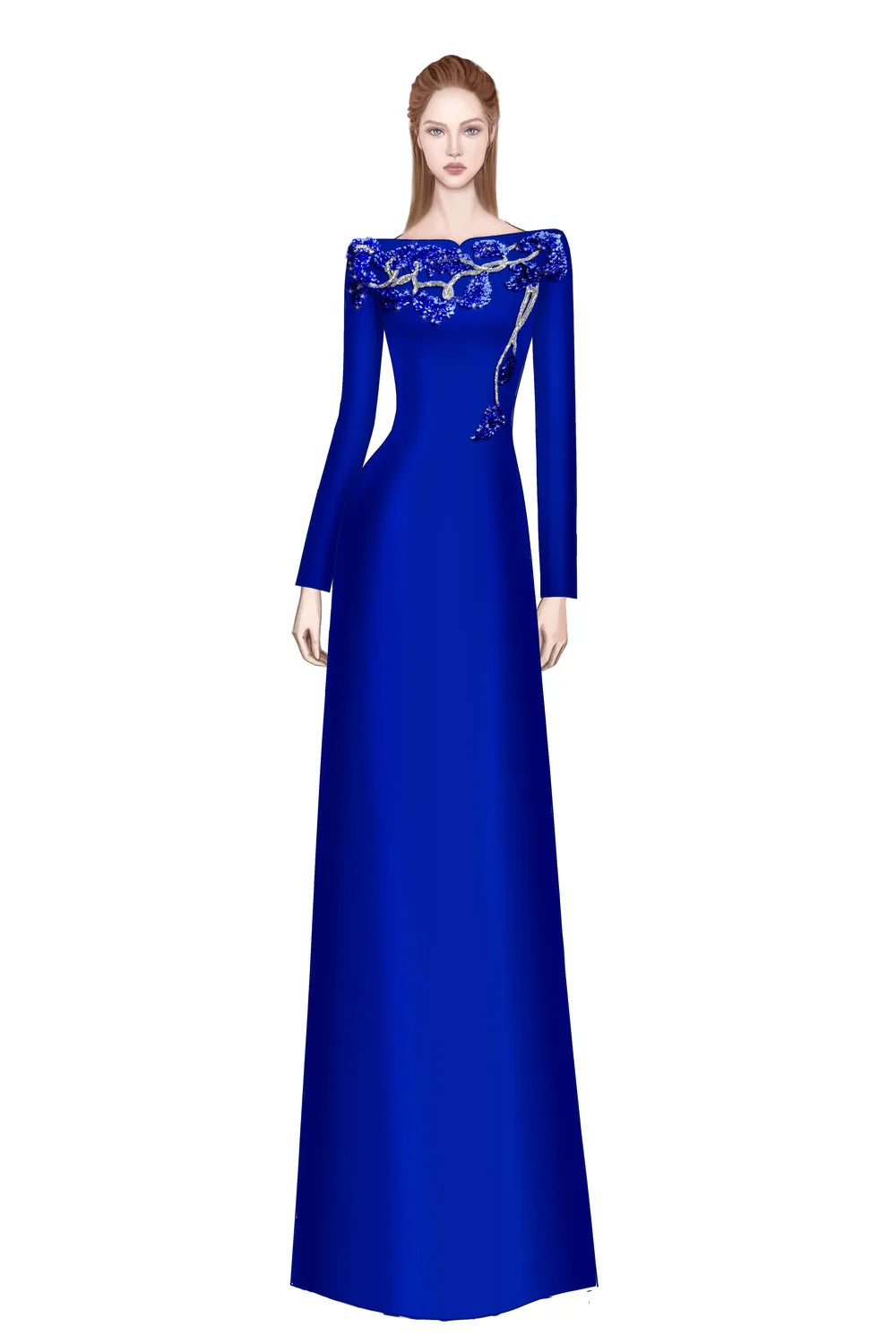 Padded Shoulder Floral Crystal-Embellished A-Line Dress