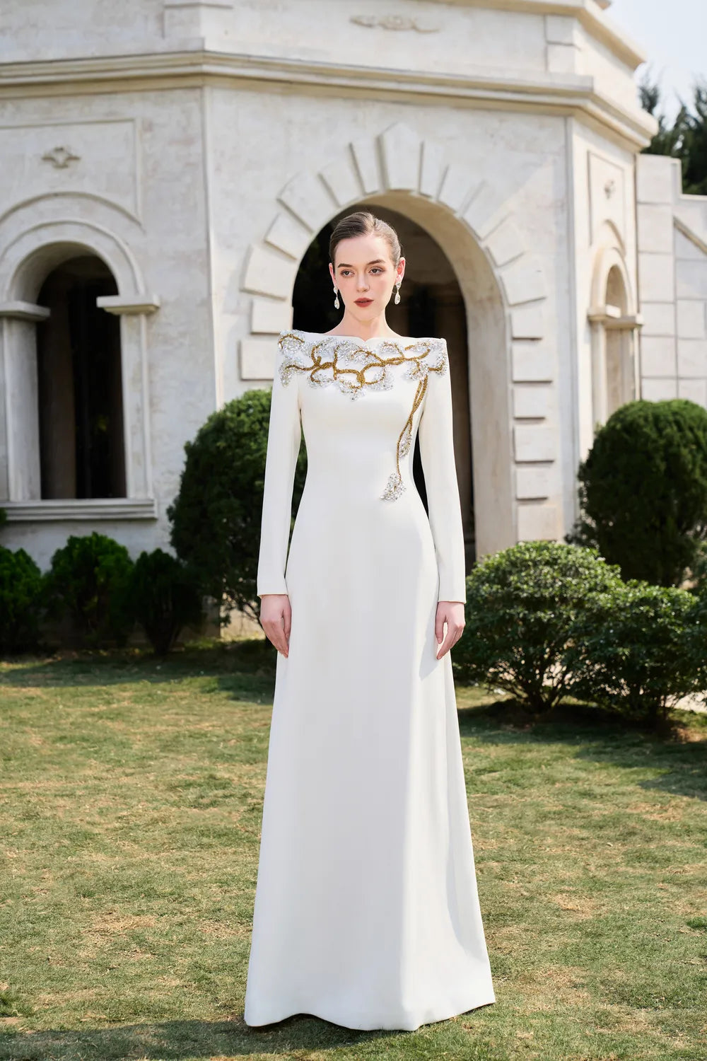 Padded Shoulder Floral Crystal-Embellished A-Line Dress