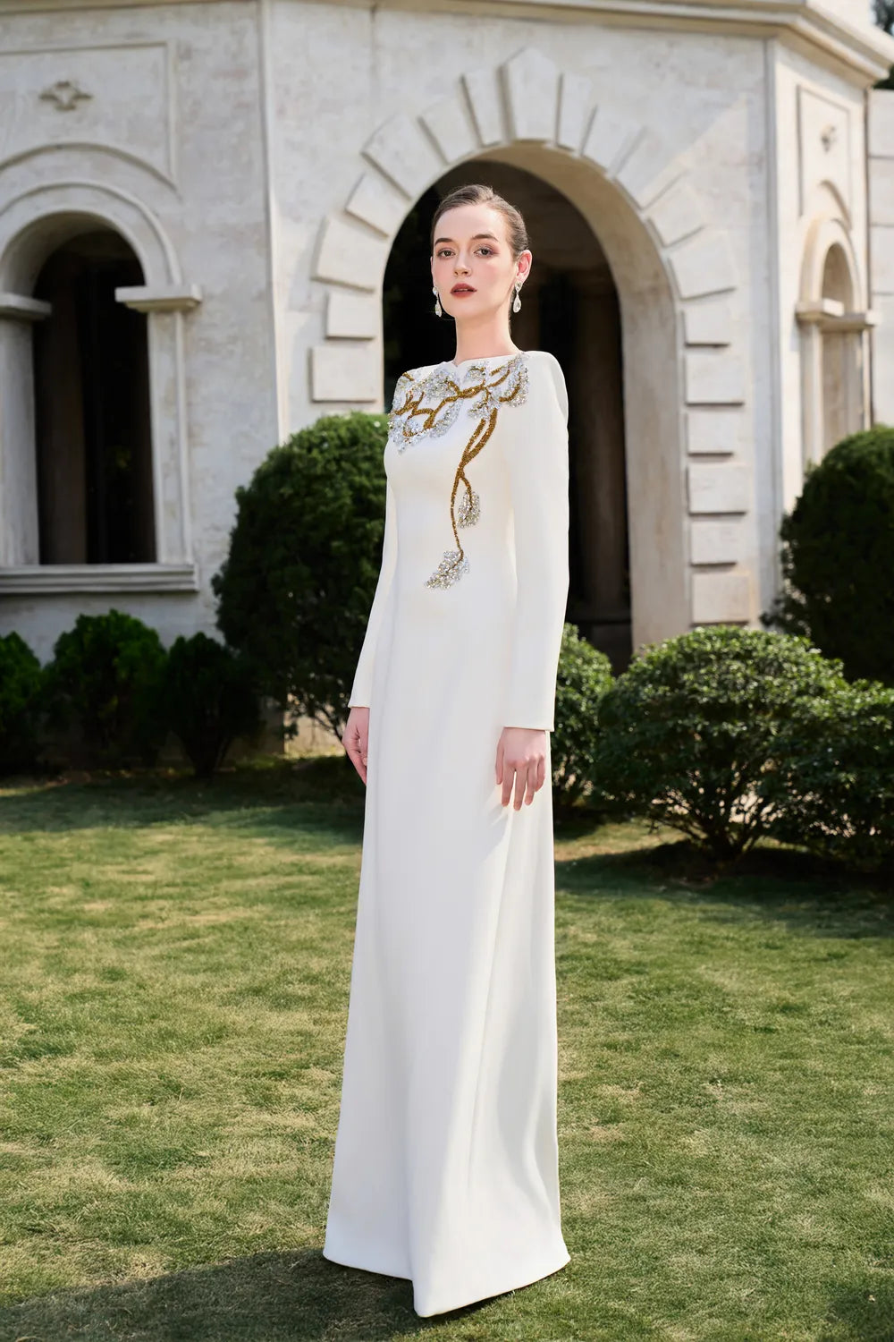 Padded Shoulder Floral Crystal-Embellished A-Line Dress