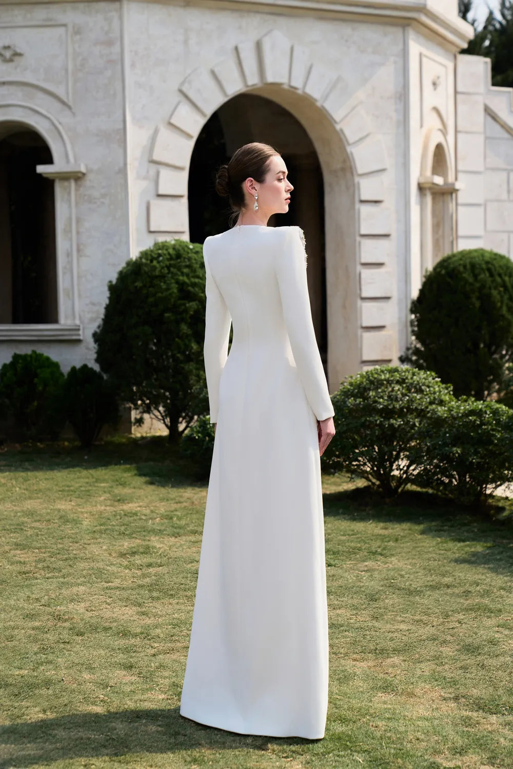 Padded Shoulder Floral Crystal-Embellished A-Line Dress