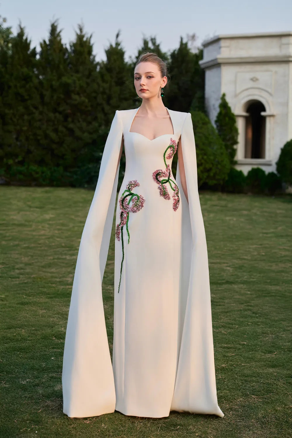 Long Cape Sleeve Symmetric 3D Embellished Straight Dress