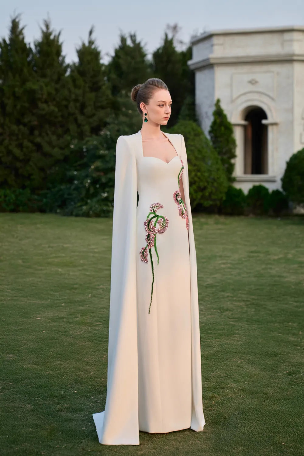 Long Cape Sleeve Symmetric 3D Embellished Straight Dress