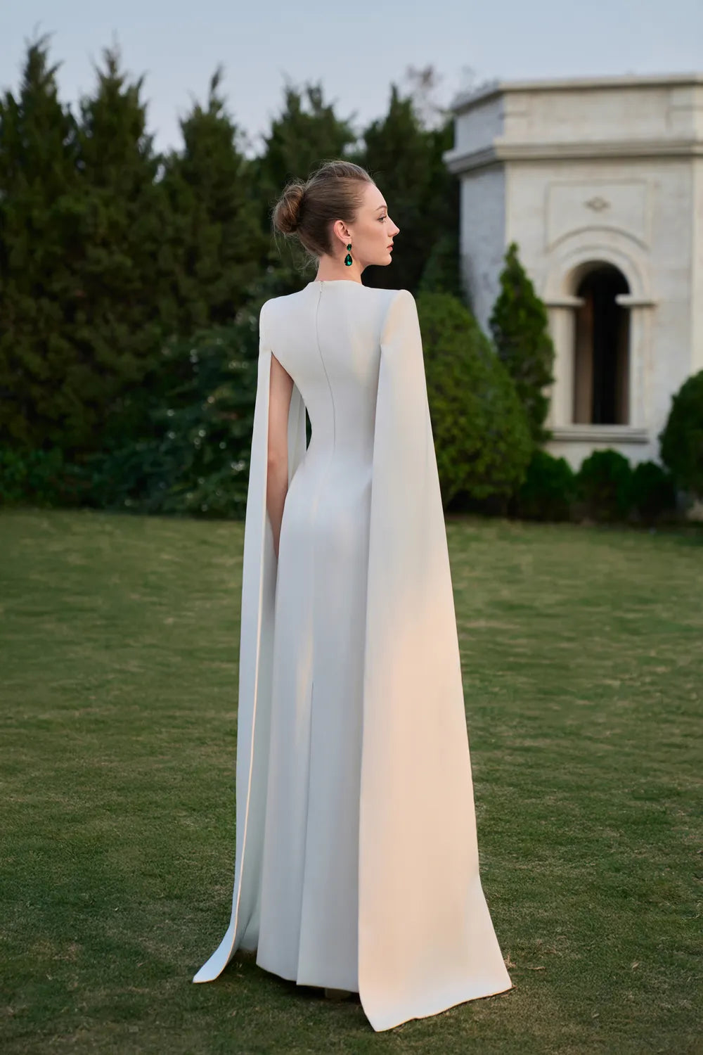 Long Cape Sleeve Symmetric 3D Embellished Straight Dress