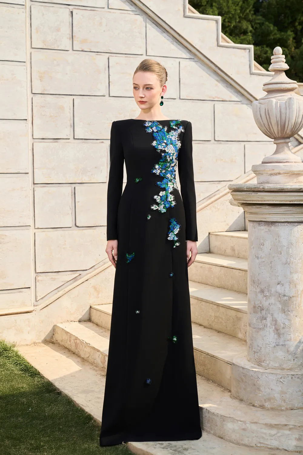 Boat Neck Floral Embroidered A-Line Dress