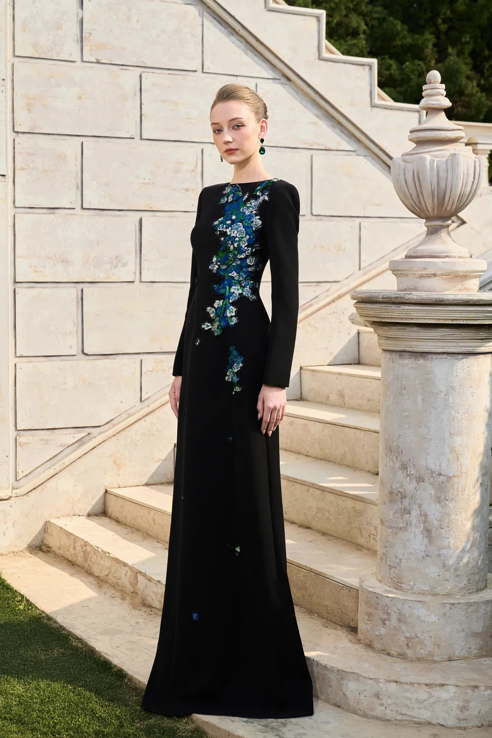 Boat Neck Floral Embroidered A-Line Dress