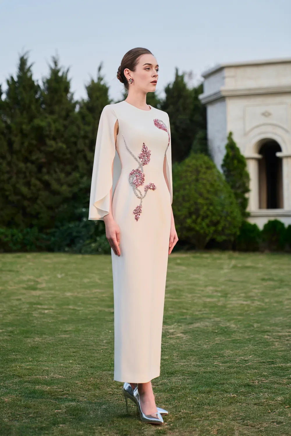 Wavy Cape Sleeve With Symmetric Crystal-Embellished Midi Dress