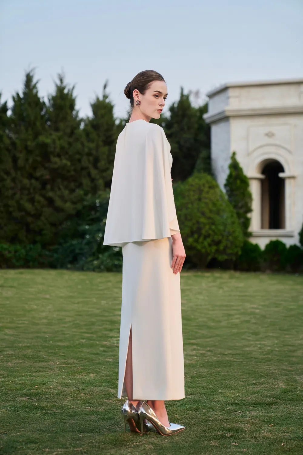 Wavy Cape Sleeve With Symmetric Crystal-Embellished Midi Dress