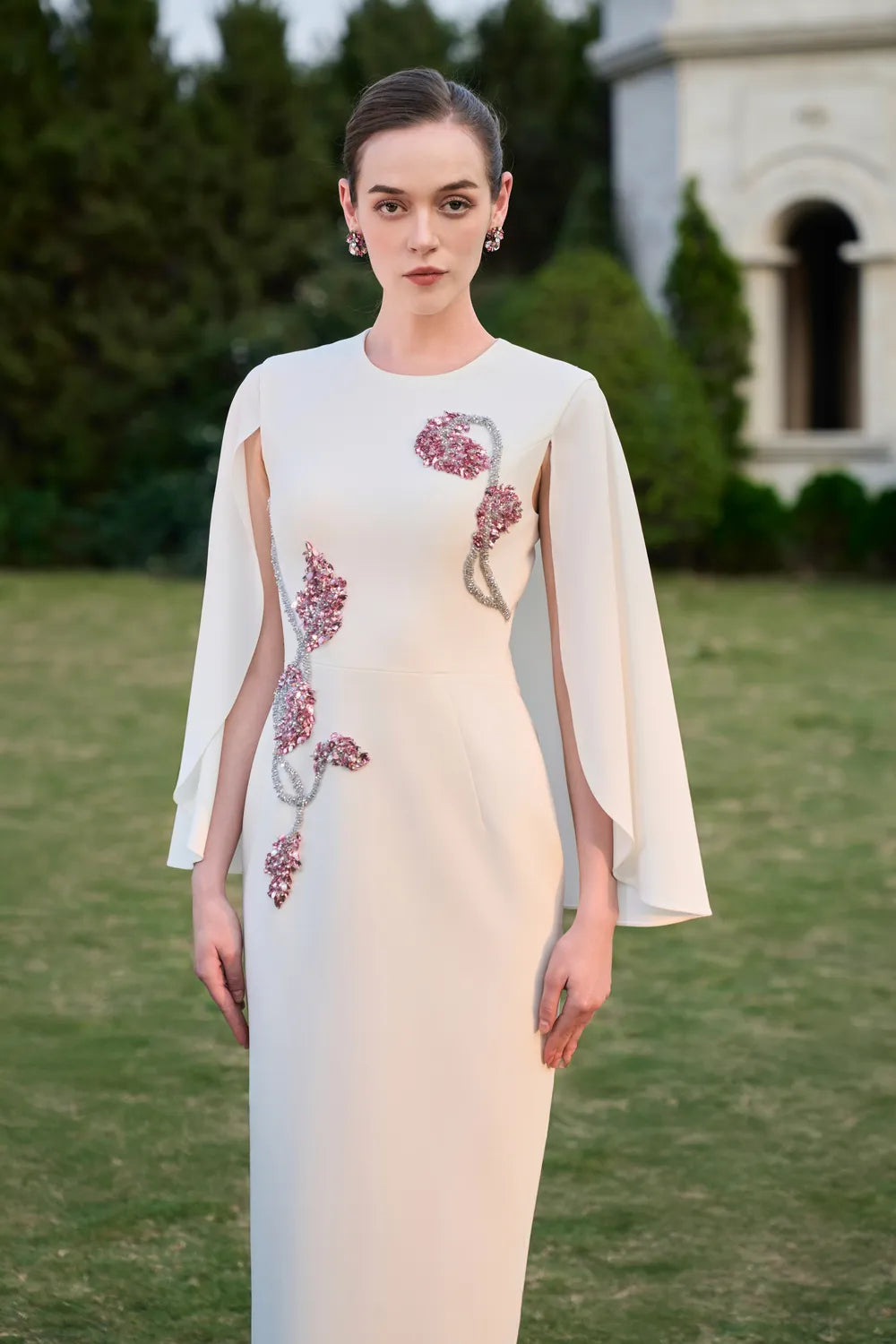Wavy Cape Sleeve With Symmetric Crystal-Embellished Midi Dress