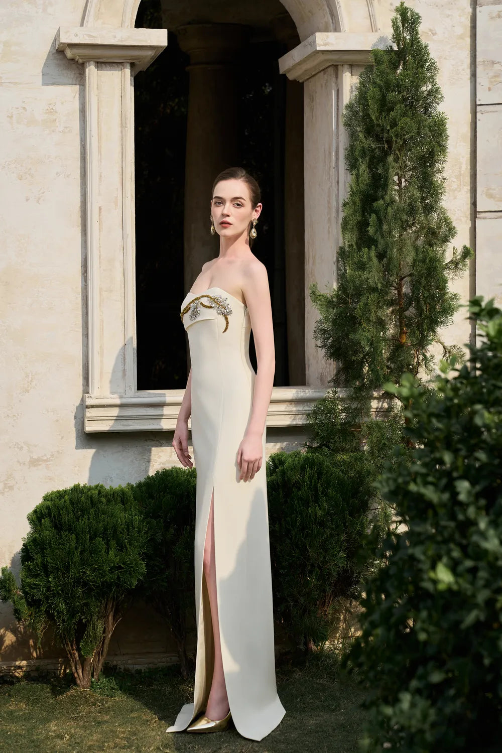 Strapless Crystal-Embellished Side Slit Dress