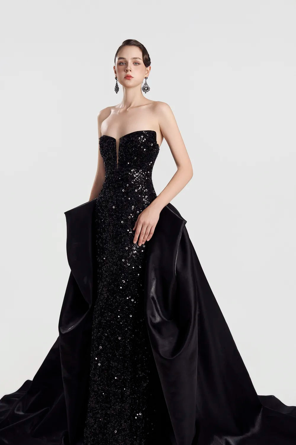 Strapless Sides Long Flap Sequin Dress