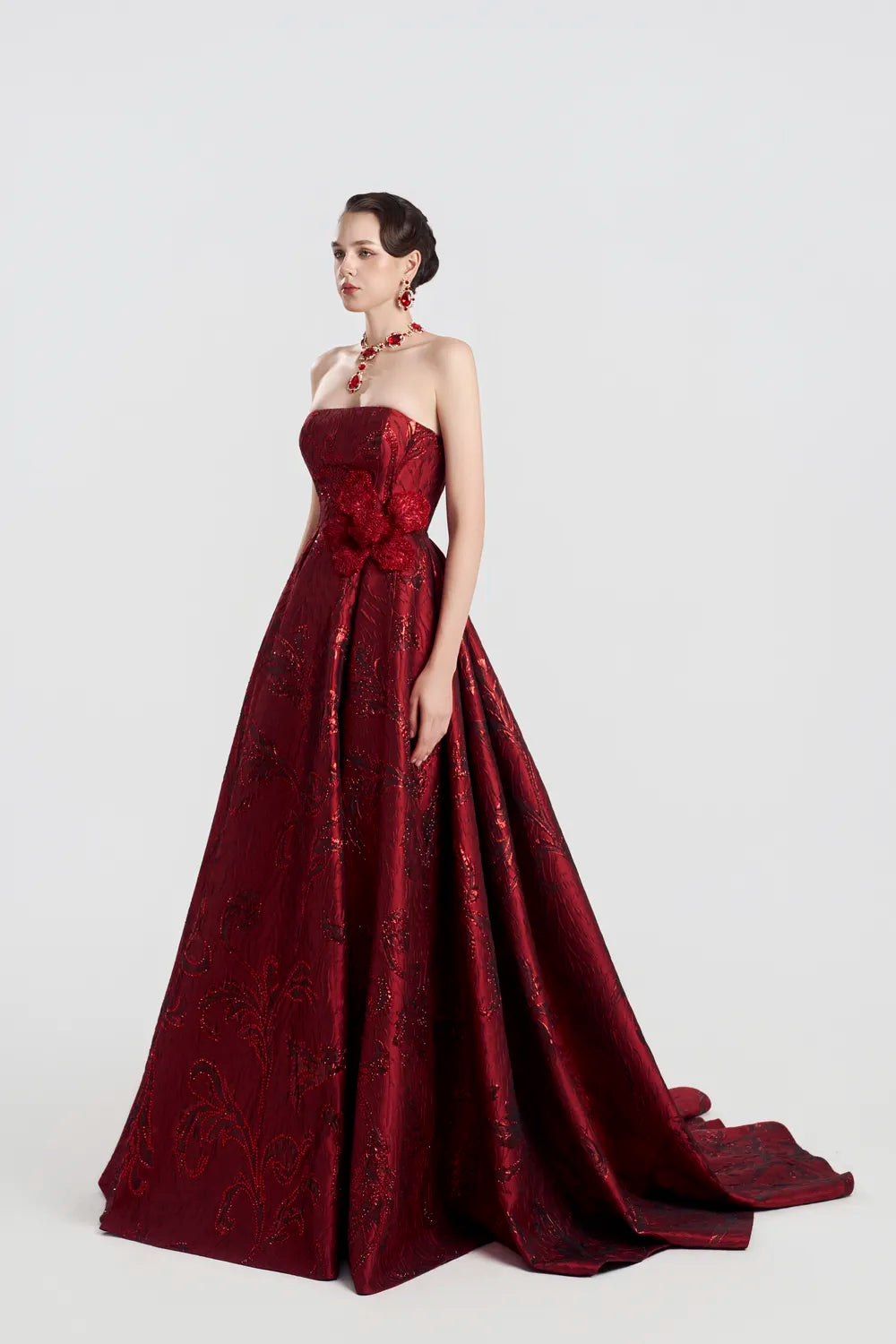 Floral Pattern Strapless Flared Dress