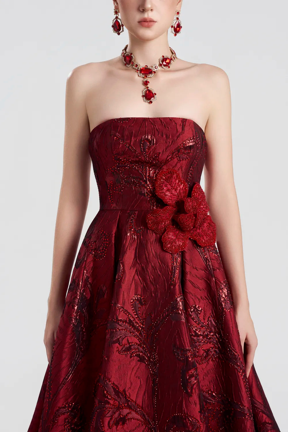 Floral Pattern Strapless Flared Dress