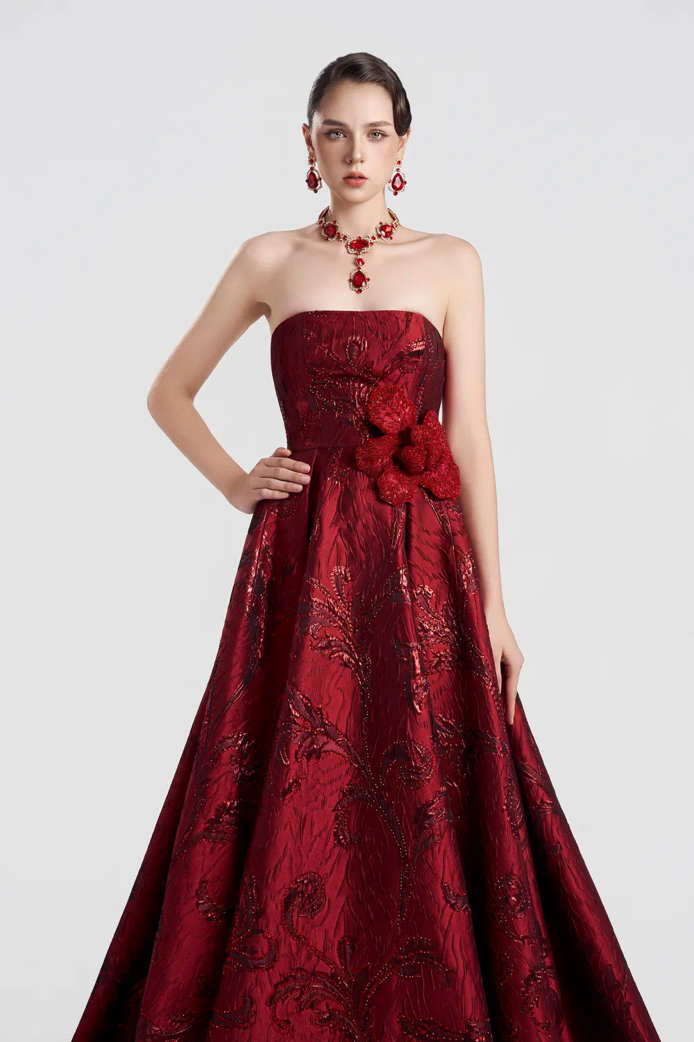 Floral Pattern Strapless Flared Dress