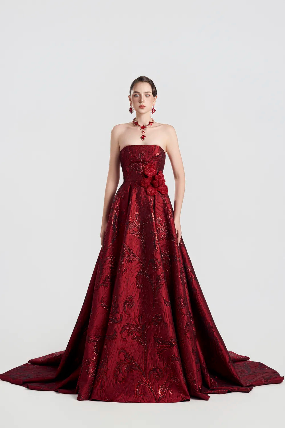 Floral Pattern Strapless Flared Dress