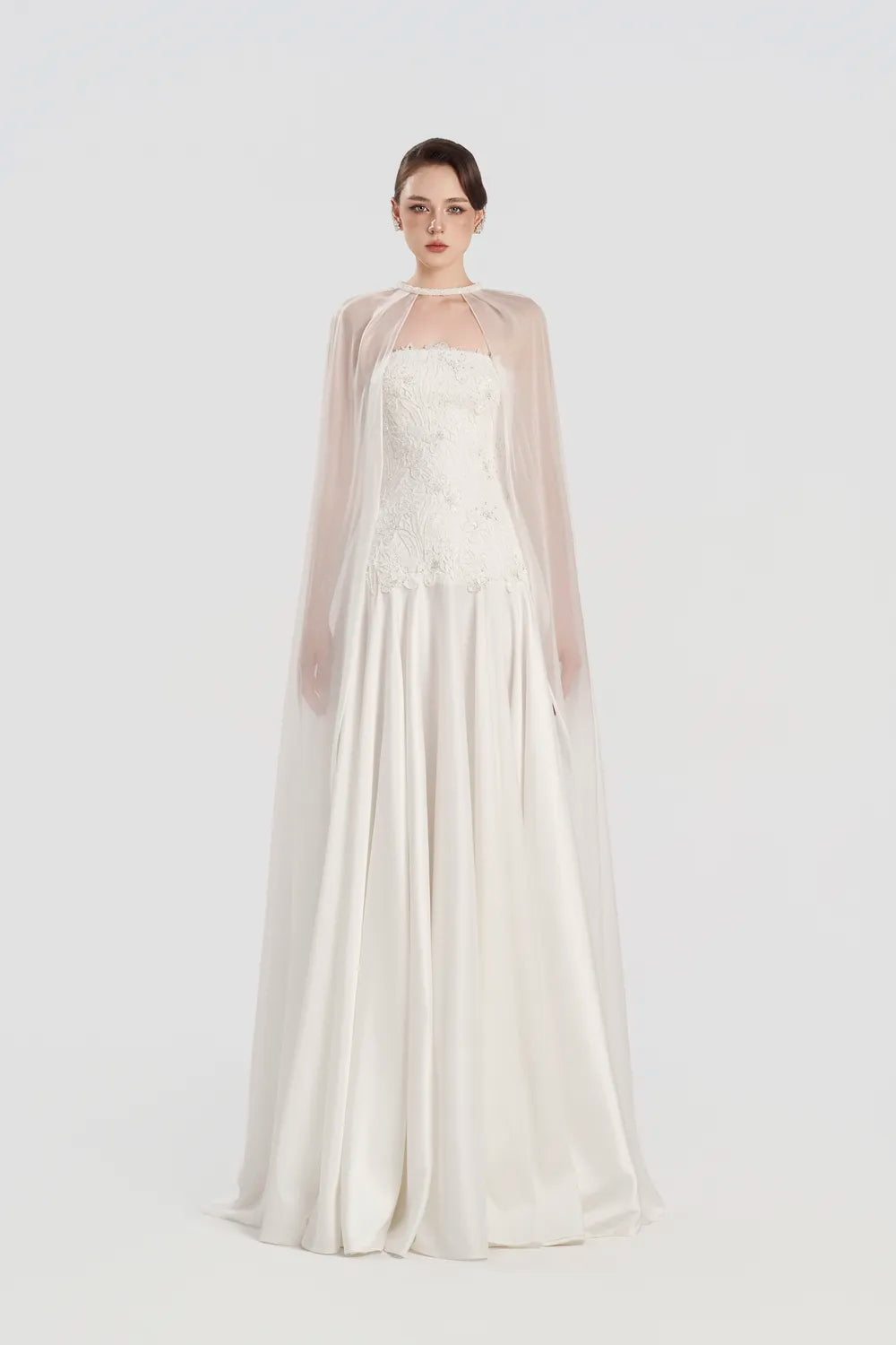 Flared Cape Shining Floral Lace Flared Dress
