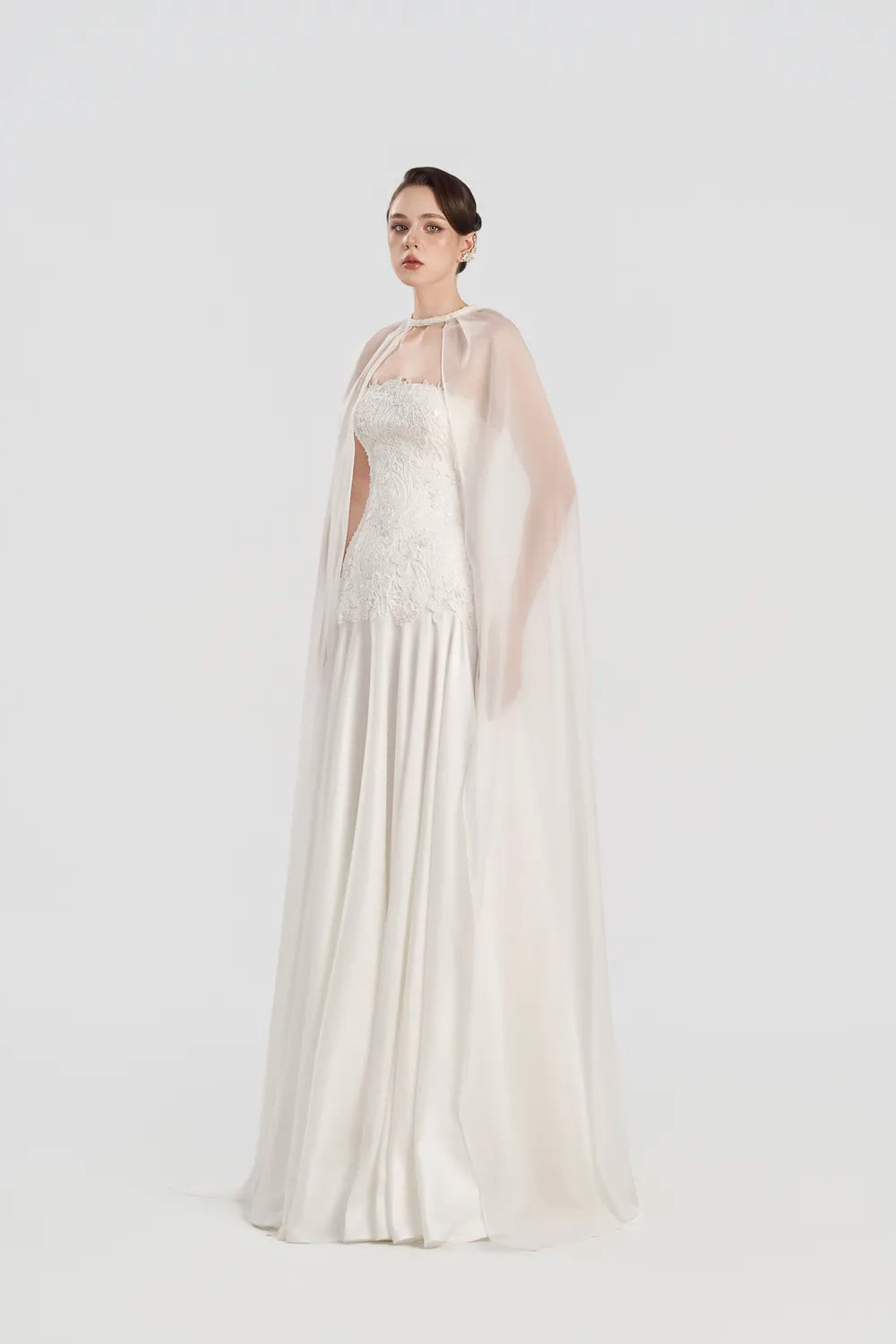 Flared Cape Shining Floral Lace Flared Dress