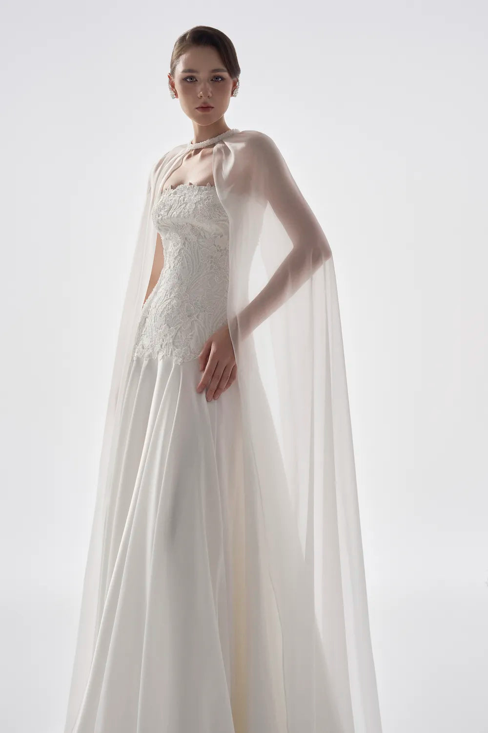 Flared Cape Shining Floral Lace Flared Dress