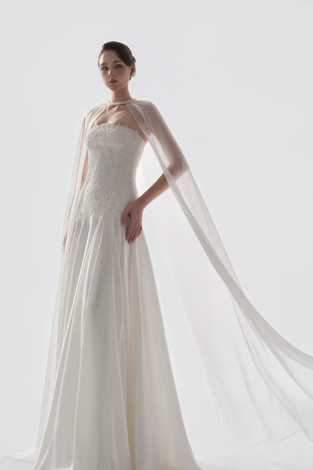 Flared Cape Shining Floral Lace Flared Dress
