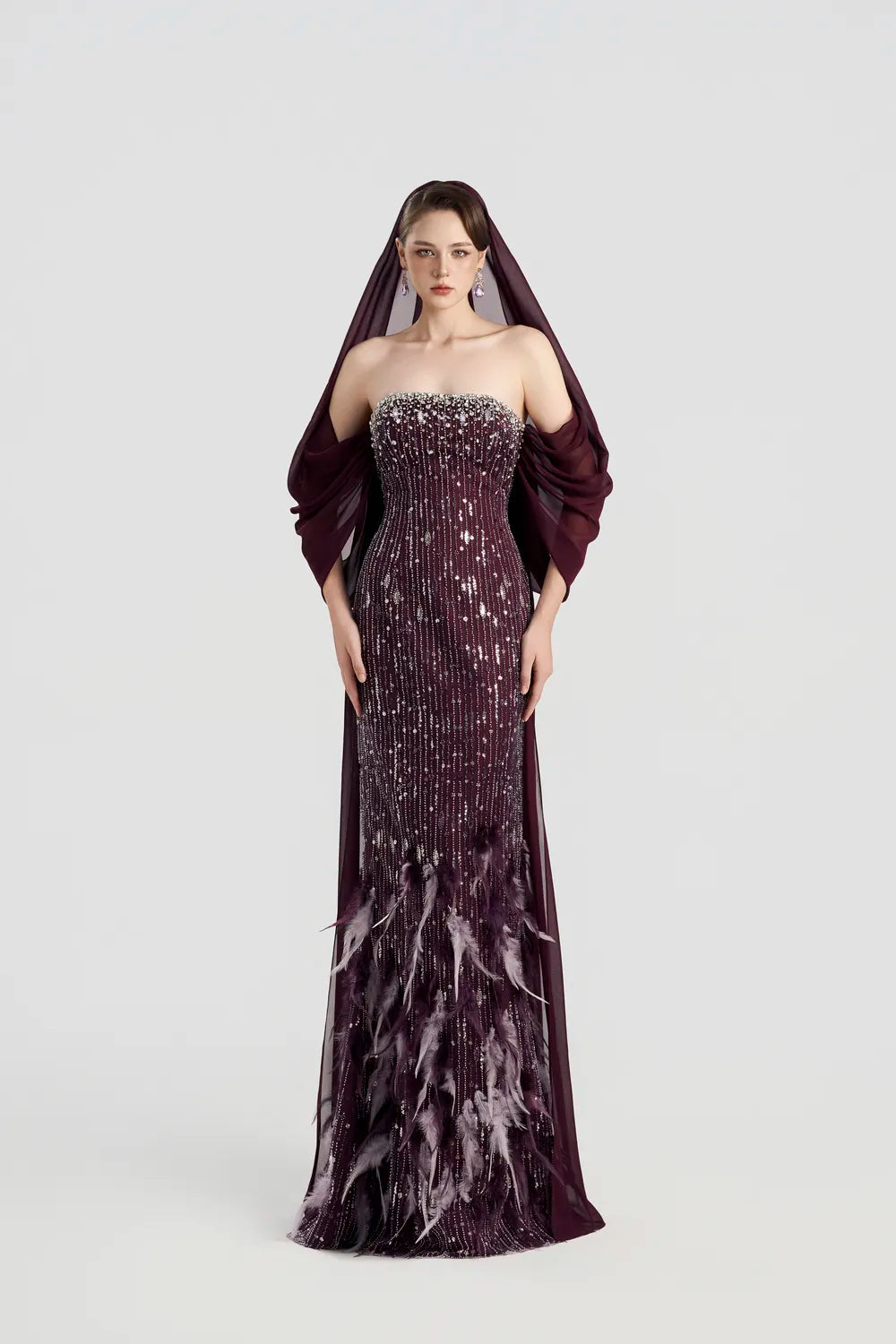 See-Through Hooded Veil Cape Strapless Feather Embellished Dress
