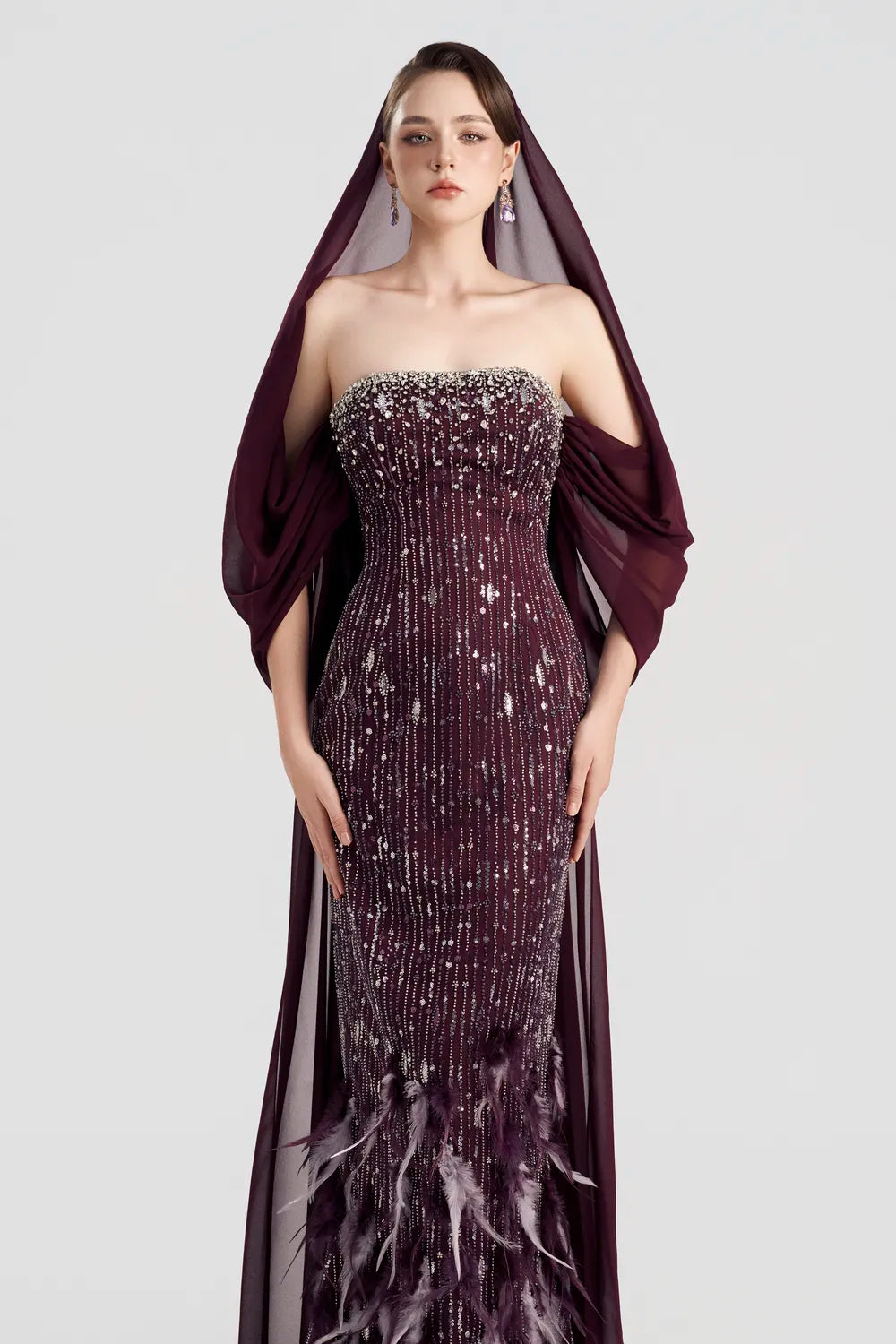 See-Through Hooded Veil Cape Strapless Feather Embellished Dress