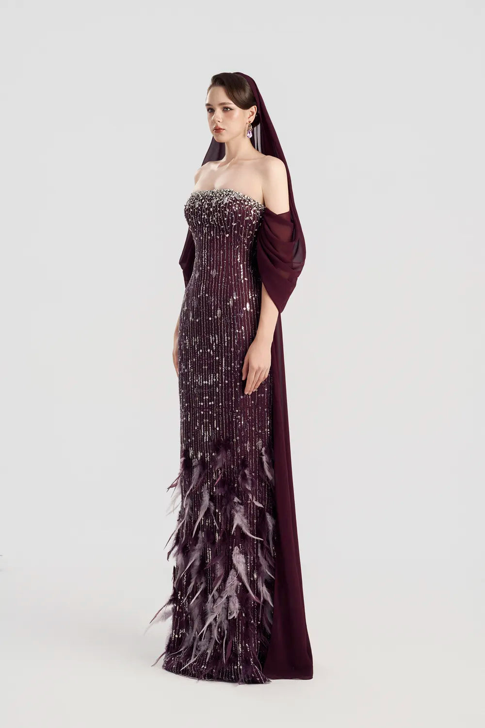 See-Through Hooded Veil Cape Strapless Feather Embellished Dress
