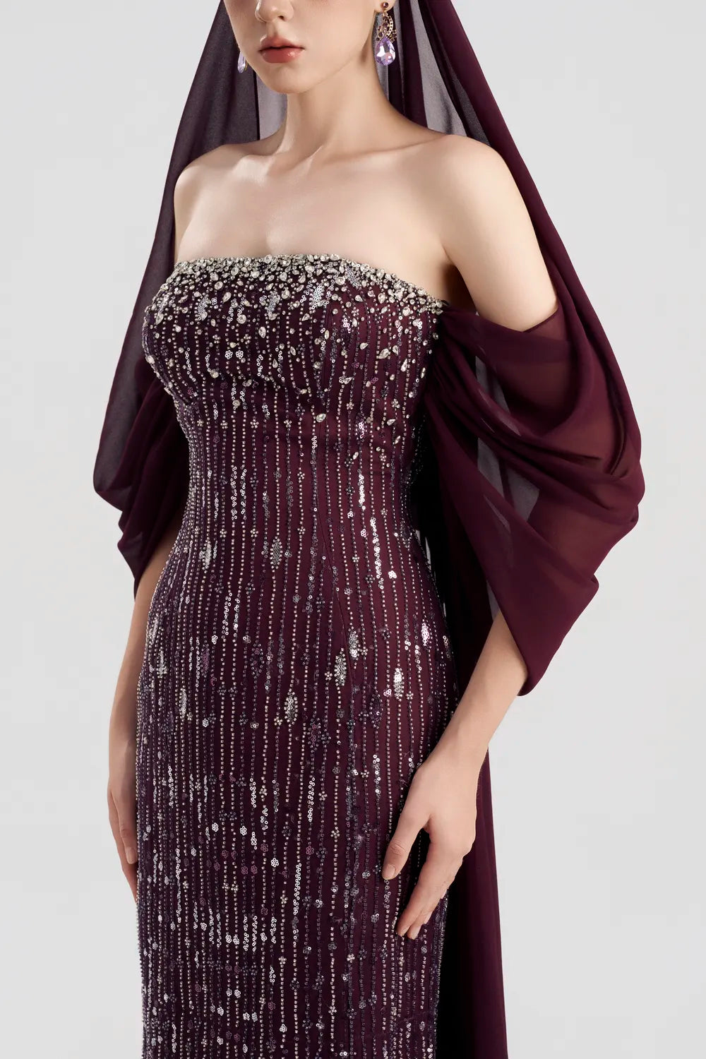 See-Through Hooded Veil Cape Strapless Feather Embellished Dress