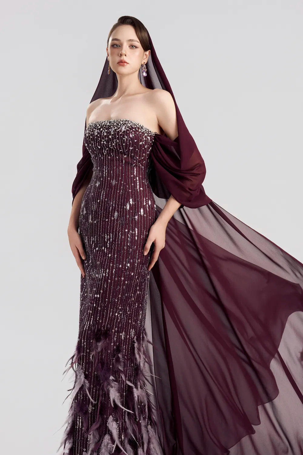 See-Through Hooded Veil Cape Strapless Feather Embellished Dress