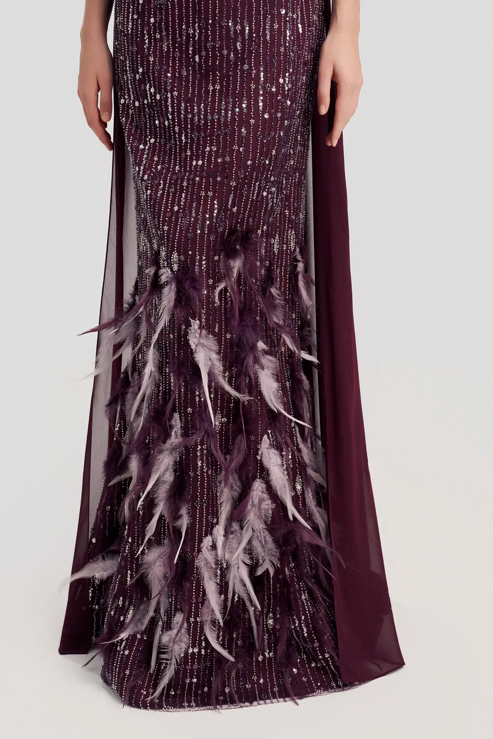 See-Through Hooded Veil Cape Strapless Feather Embellished Dress