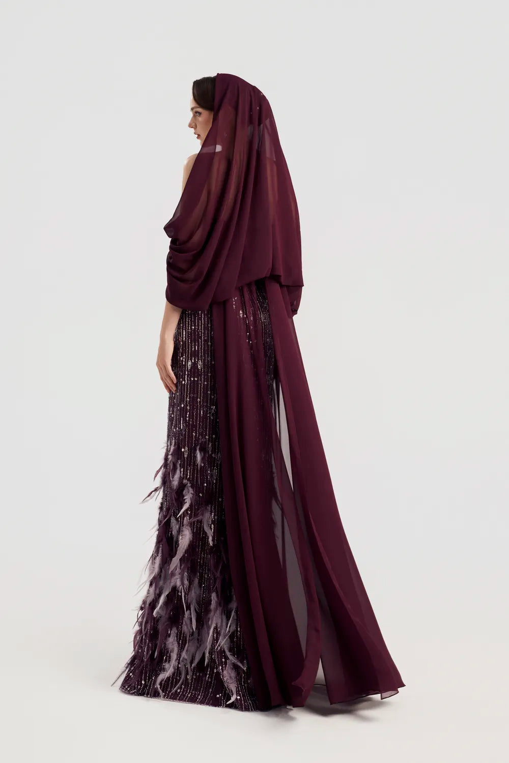 See-Through Hooded Veil Cape Strapless Feather Embellished Dress