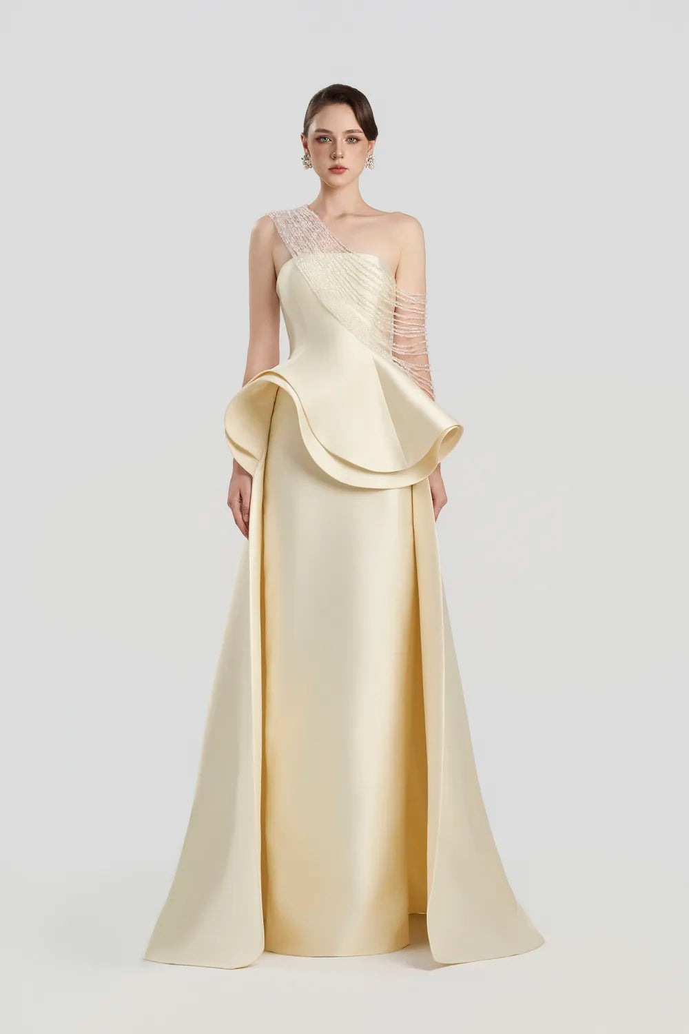 Diagonal Crystal Glass Bead Shoulder Strings Strapless Dress - TRACY COUTURE