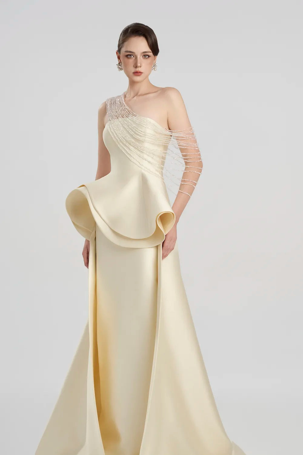 Diagonal Crystal Glass Bead Shoulder Strings Strapless Dress – TRACY COUTURE