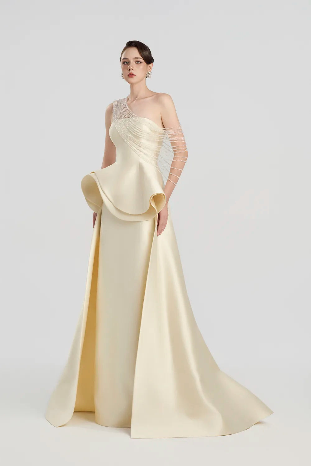 Diagonal Crystal Glass Bead Shoulder Strings Strapless Dress - TRACY COUTURE