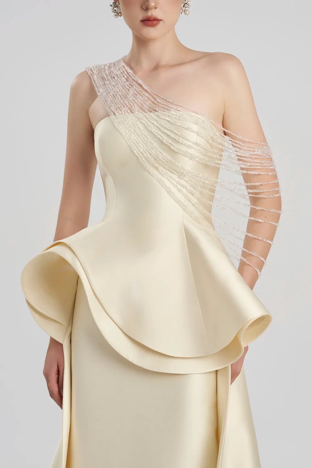 Diagonal Crystal Glass Bead Shoulder Strings Strapless Dress - TRACY COUTURE
