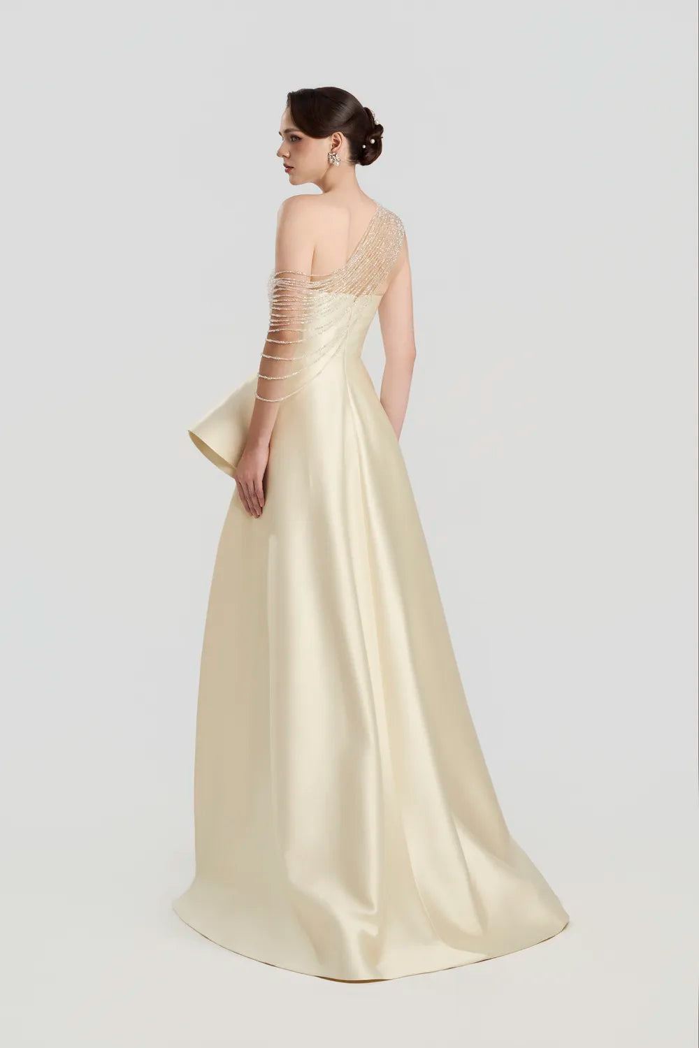 Diagonal Crystal Glass Bead Shoulder Strings Strapless Dress - TRACY COUTURE