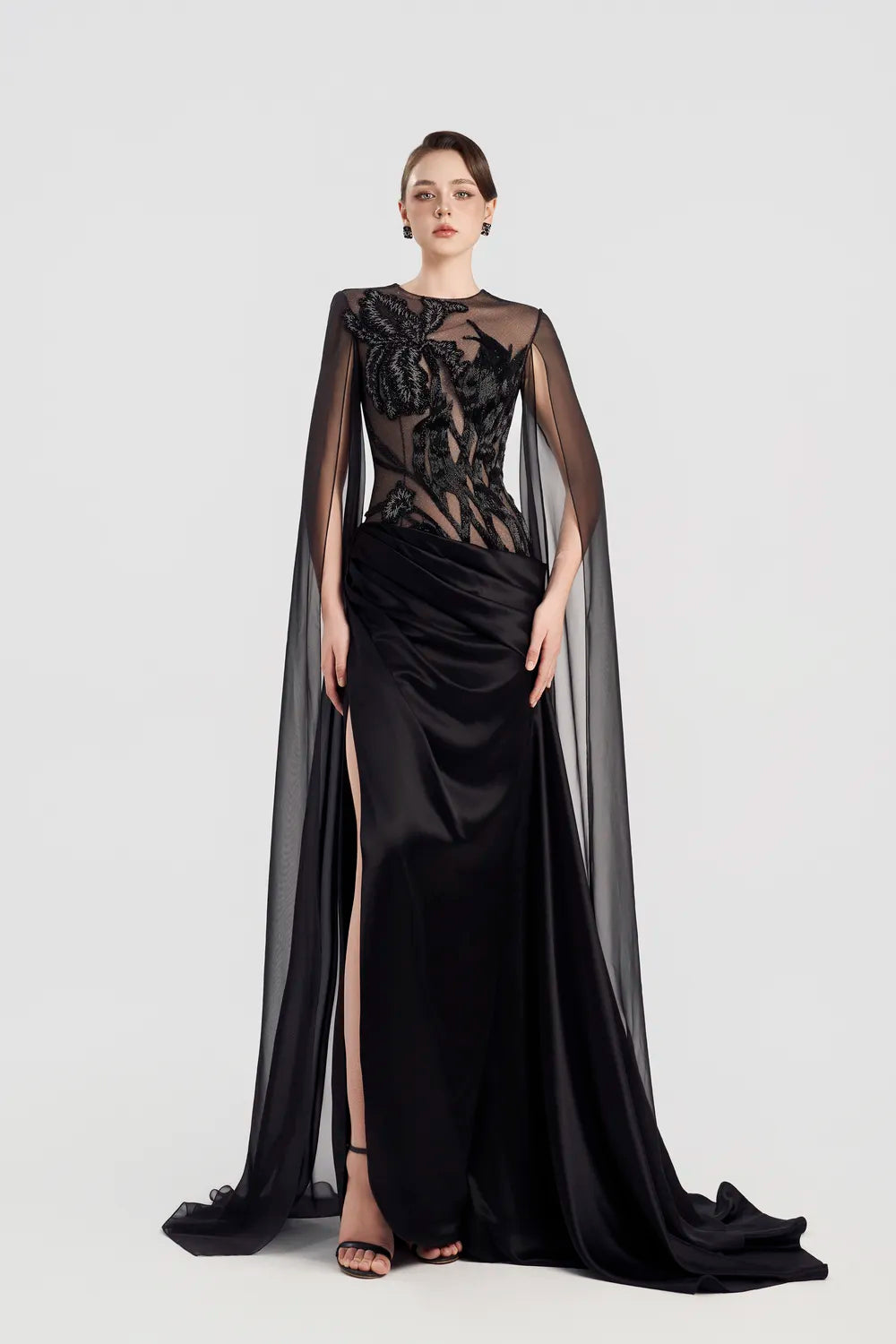 Long See-Through Cape Sleeves High-Low Dress