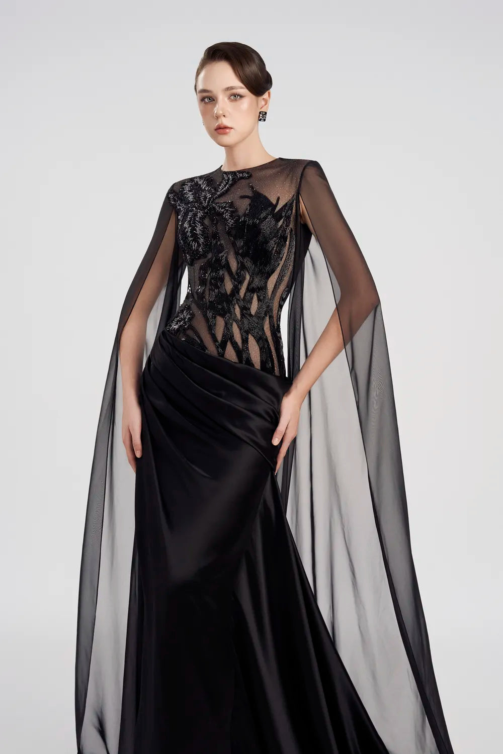 Long See-Through Cape Sleeves High-Low Dress