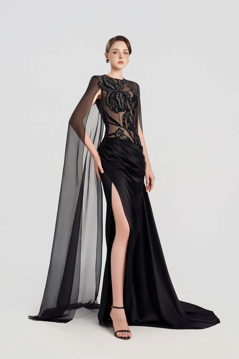Long See-Through Cape Sleeves High-Low Dress