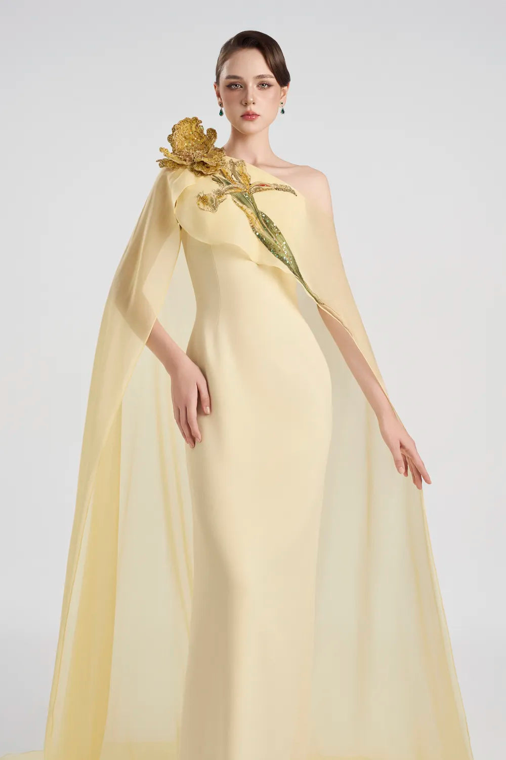 One Shoulder See-Through Long Back Flap Dress