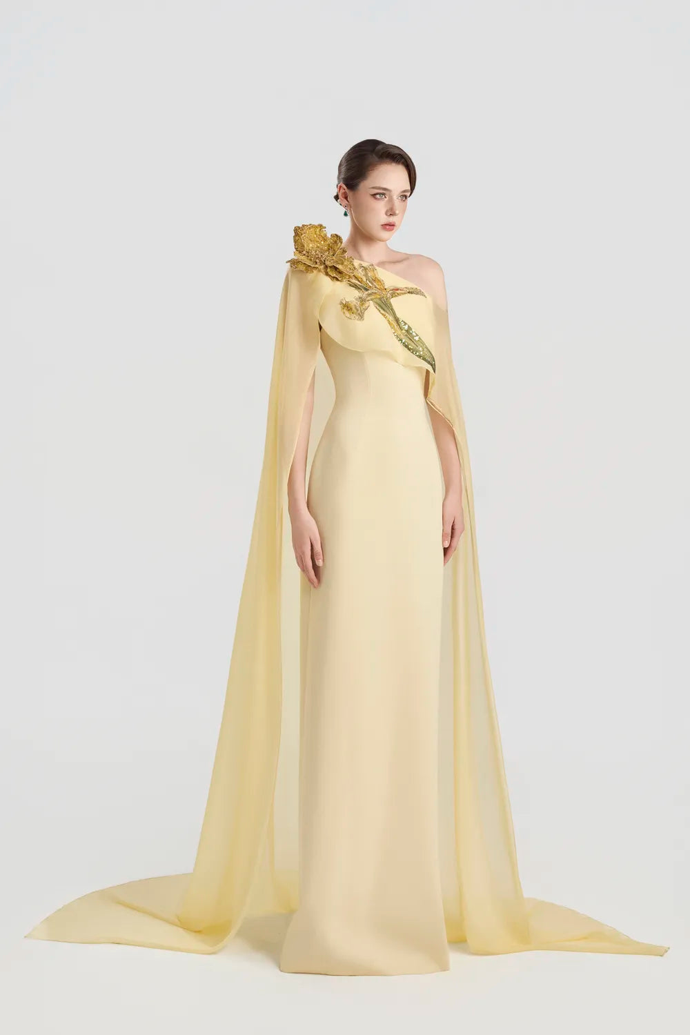 One Shoulder See-Through Long Back Flap Dress
