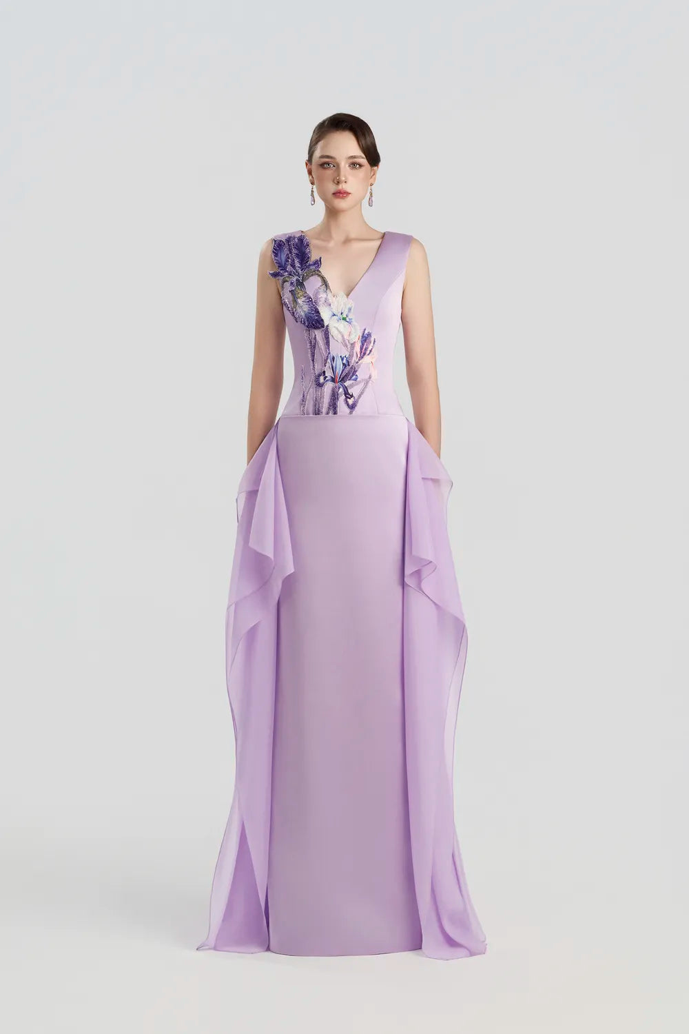 Sleeveless Floral Embellished Sides Ruffle Dress - TRACY COUTURE