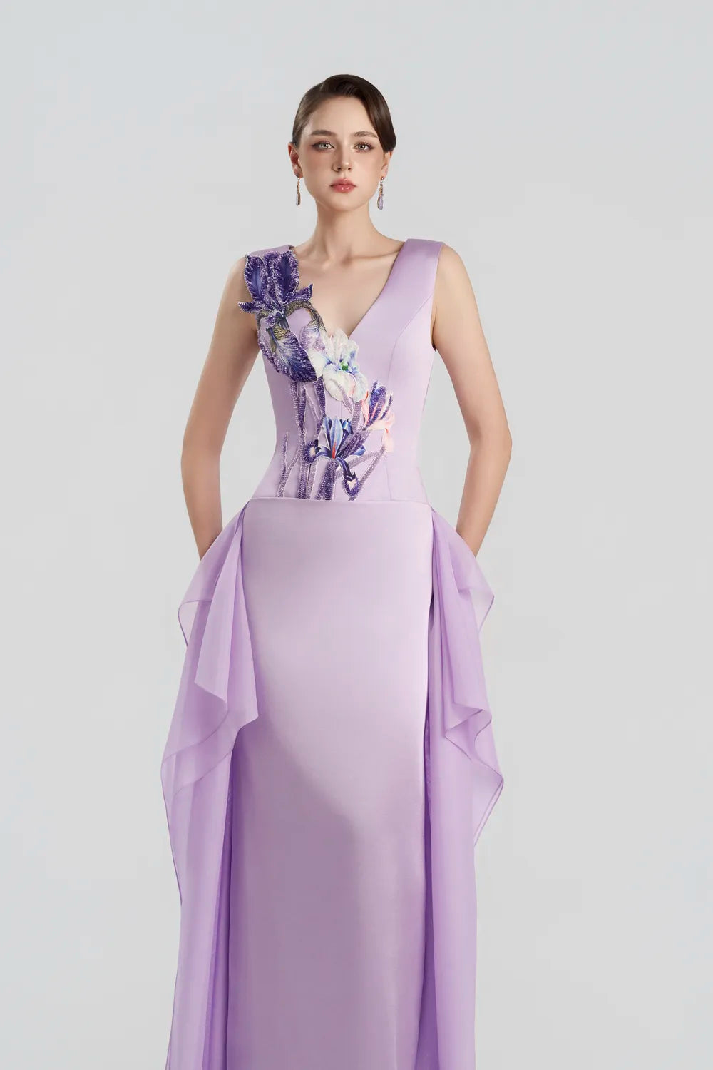 Sleeveless Floral Embellished Sides Ruffle Dress - TRACY COUTURE