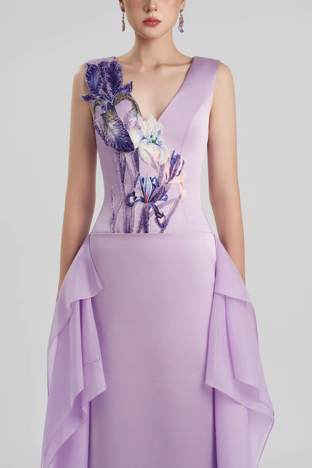 Sleeveless Floral Embellished Sides Ruffle Dress - TRACY COUTURE